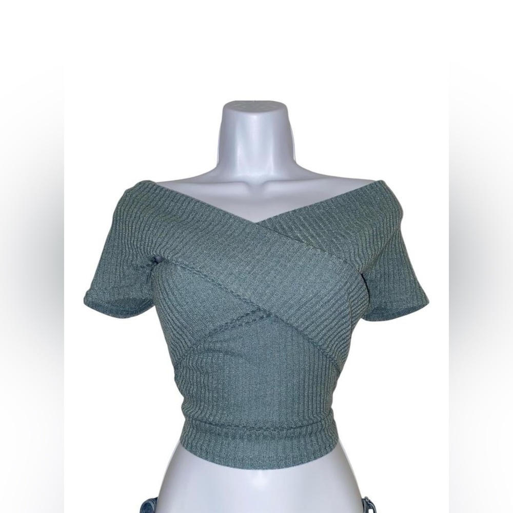 teal off the shoulder front cross rubbed crop top